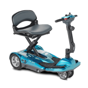 Compact electric mobility scooter with seat and handlebars.
