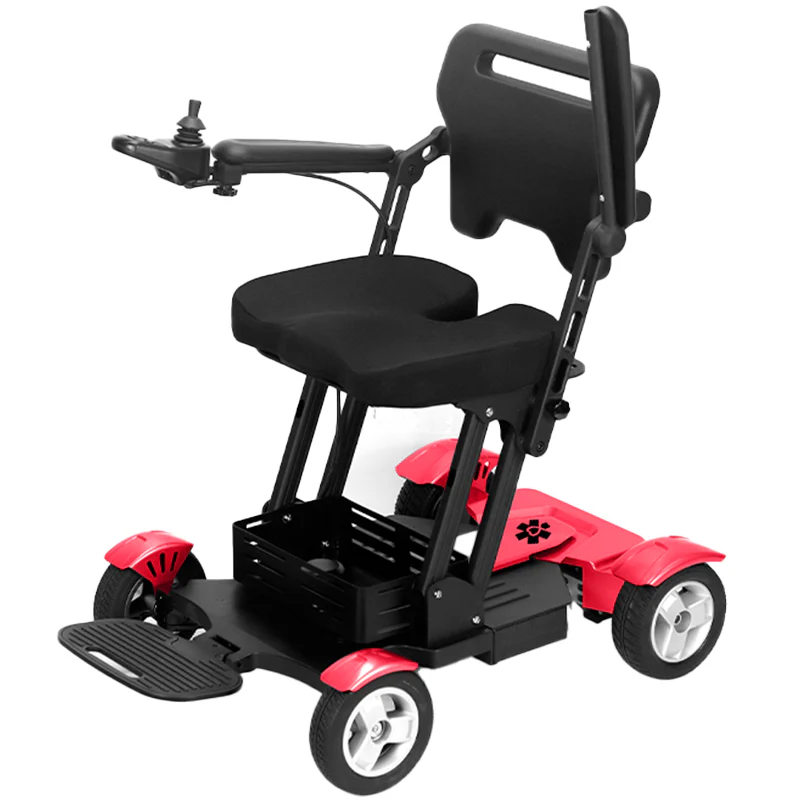 Red Bangeran Titan Mobility scooter featuring a comfortable seat with armrests, footrests, and a convenient storage basket at the rear. Ideal for easy mobility and comfort.