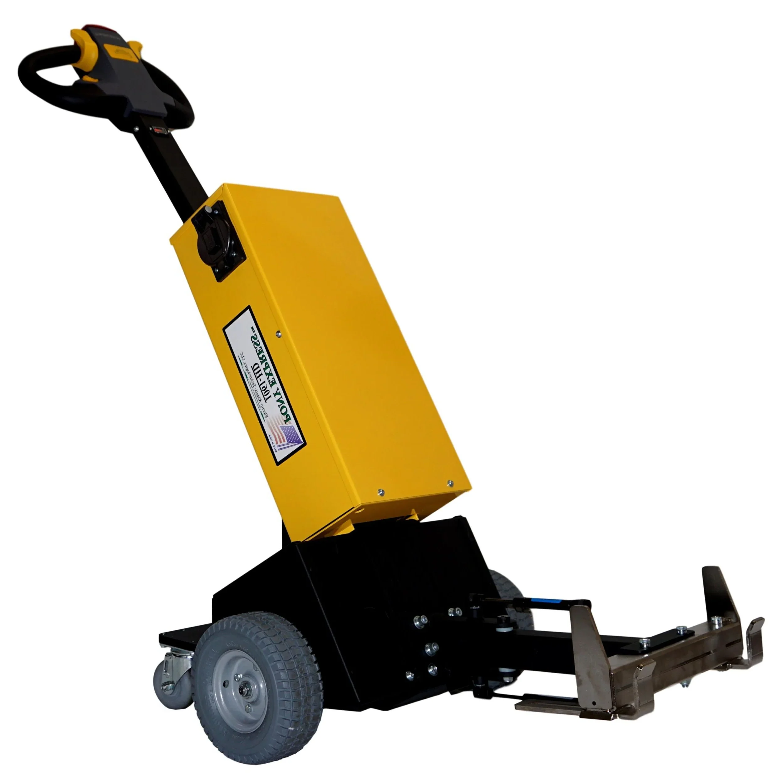 Pony Express 1061-HD electric powered tugger with yellow power box black base and front coupling attachment