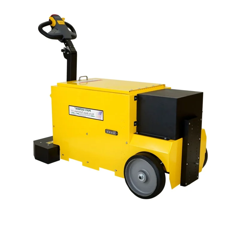 EK Tech Pony Express Electric Powered AC Tugger 25K Plus showing yellow frame and durable wheels for heavy loads