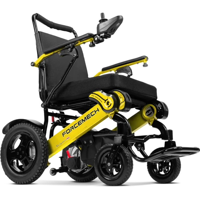 Forcemech Navigator Pro Heavy-Duty Foldable Electric Wheelchair in yellow shown from an angled view with a thick seat and sturdy frame.