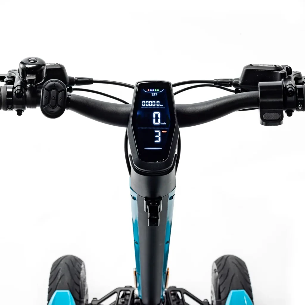 MIA SPYQE GT electric scooter handlebar with digital display showing speed battery and riding mode