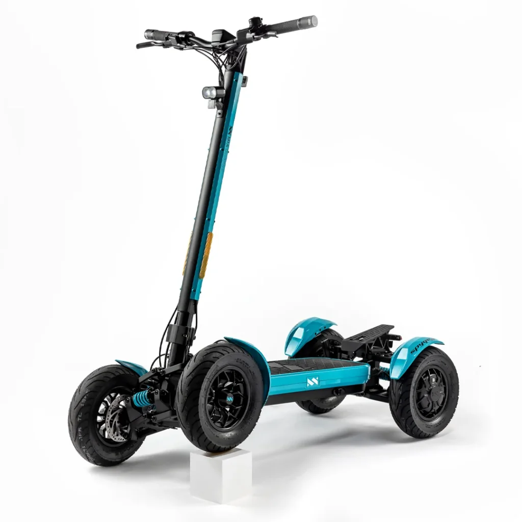 Angled view of MIA SPYQE GT 2x4 electric scooter in blue with strong frame wide tires and dual motor power